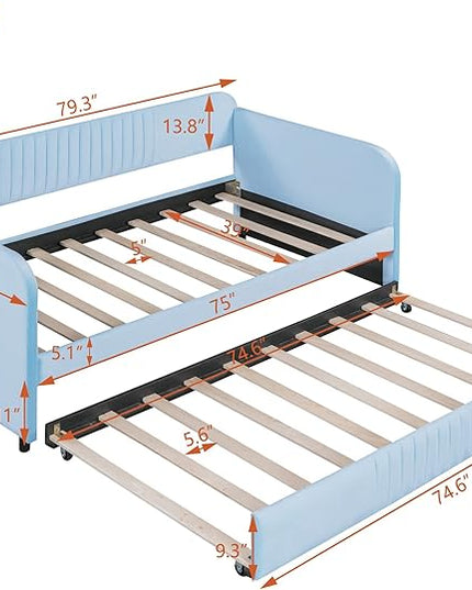 Upholstered Twin Size Daybed with Trundle, Backrest and Armrests, Modern Velvet Day Bed Frame for Bedroom Guestroom Living Room, Wood Slats Support, Light Blue - LeafyLoom