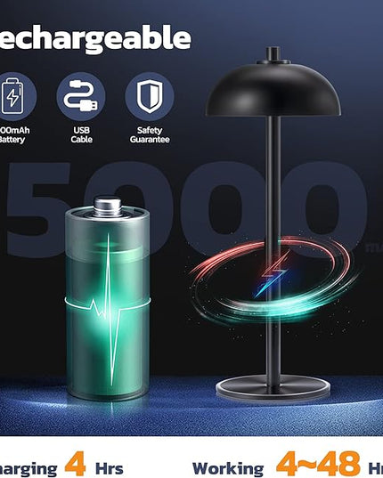Cordless Table Lamp Rechargeable - 5000mAh Battery Powered Table Light, 3 Color Stepless Dimmable LED Table Lamp with Memory Function for Indoor, Outdoor, Dinner, Home, Restaurant.(Black) - LeafyLoom