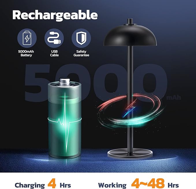 Cordless Table Lamp Rechargeable - 5000mAh Battery Powered Table Light, 3 Color Stepless Dimmable LED Table Lamp with Memory Function for Indoor, Outdoor, Dinner, Home, Restaurant.(Black) - LeafyLoom