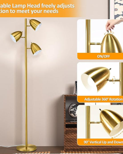 Tree Floor Lamp with 3 Light Bulbs Standing Tall Pole Lamps with Adjustable Metal Heads 65"Reading Stand up Lamps with E26 Base Modern Floor Lamps for Living Rooms, Bedrooms, Home, Office(Gold) - LeafyLoom