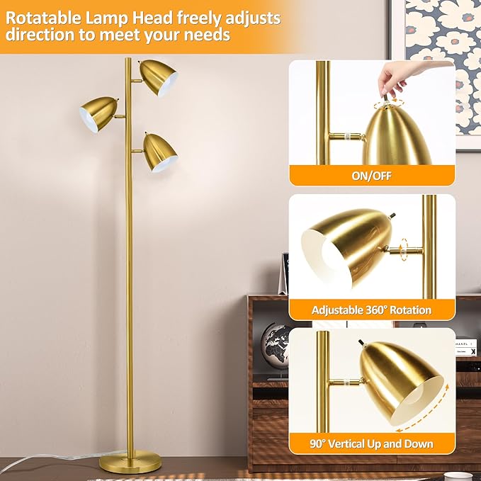 Tree Floor Lamp with 3 Light Bulbs Standing Tall Pole Lamps with Adjustable Metal Heads 65"Reading Stand up Lamps with E26 Base Modern Floor Lamps for Living Rooms, Bedrooms, Home, Office(Gold) - LeafyLoom