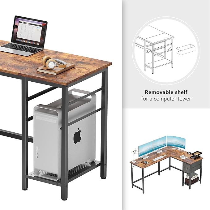 BANTI L-Shaped Computer Desk, Home Office Corner Desk with Non-Woven Drawer, Sturdy Writing Table, Space-Saving,Brown - LeafyLoom