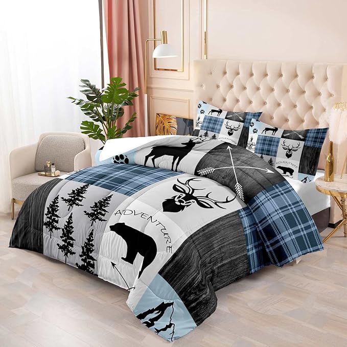LUVIVIHOME 3PCS Farmhouse Comforter Set Queen Size, Black Bear Deer Elk Moose Woodland Forest Animals Wildlife Hunting Blue Plaid Patchwork Cabin Lodge Country Rustic Bedding Quilt, 2 Pillow Shams - LeafyLoom