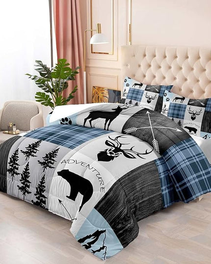 LUVIVIHOME 2PCS Farmhouse Comforter Set, Twin Comforter, Black Bear Deer Elk Moose Woodland Forest Animals Wildlife Hunting Blue Plaid Patchwork Cabin Lodge Country Rustic Bedding Quilt, 1 Pillow Sham - LeafyLoom