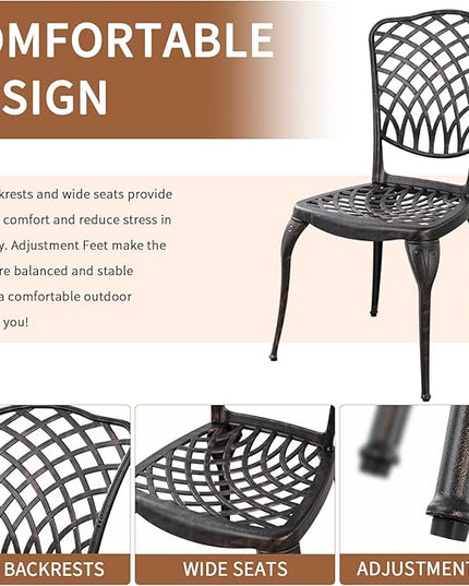 Bronze Patio Bistro Set - 3 Piece Outdoor Cast Aluminum Furniture, Large Table & Chairs, Weather Resistant, Adjustable Foot Pads, Umbrella Hole - LeafyLoom