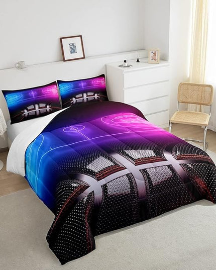Erosebridal Sports Basketball Queen Comforter Set for Teen Boys Girls Neon Basketball Court Bedding Set,Ball Competitive Games Comforter Soft Lightweight Quilt Duvet Set 2 Pillow Cases Bedroom Decor - LeafyLoom