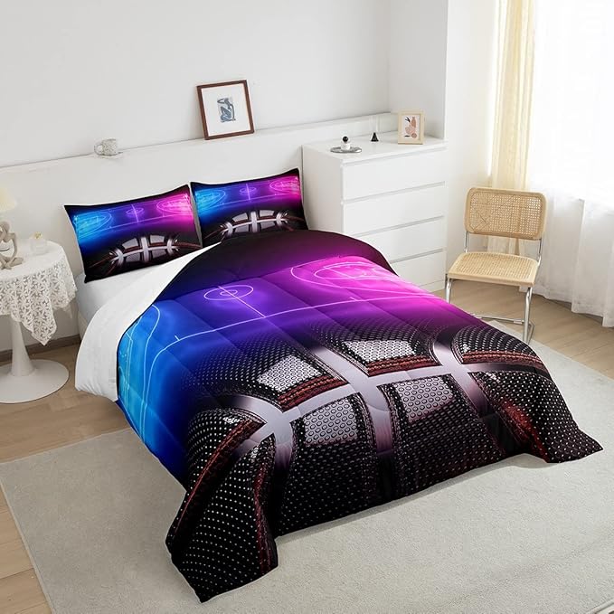 Erosebridal Sports Basketball Queen Comforter Set for Teen Boys Girls Neon Basketball Court Bedding Set,Ball Competitive Games Comforter Soft Lightweight Quilt Duvet Set 2 Pillow Cases Bedroom Decor - LeafyLoom