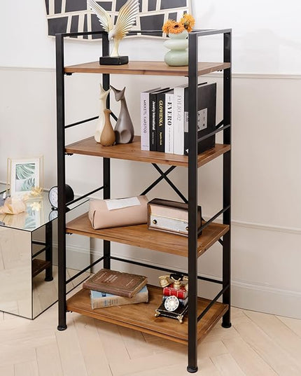 Rustic Bookshelf, 4 Tier Real Wood Bookshelf, Metal Book Shelf for Storage, Black Bookcase, 12.6" D x 23.62" W x 50.39" H - LeafyLoom