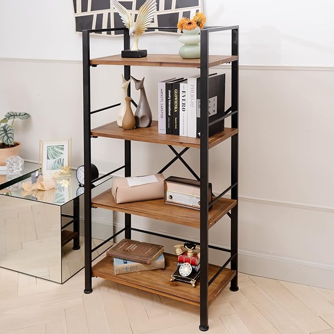 Rustic Bookshelf, 4 Tier Real Wood Bookshelf, Metal Book Shelf for Storage, Black Bookcase, 12.6" D x 23.62" W x 50.39" H - LeafyLoom