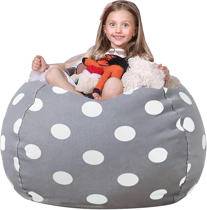 Wekapo Stuffed Animal Storage Bean Bag Chair Cover for Kids | Stuffable Zipper Beanbag for Organizing Children Plush Toys Large Premium Cotton Canvas (Gray Dot, XX-Large) - LeafyLoom
