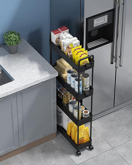 SOLEJAZZ Slim Storage Cart, 4 Tier Bathroom Organizer Mobile Shelving Unit, Rolling Utility Cart Slide Out Organizer for Kitchen, Bathroom, Laundry, Narrow Places, Black - LeafyLoom