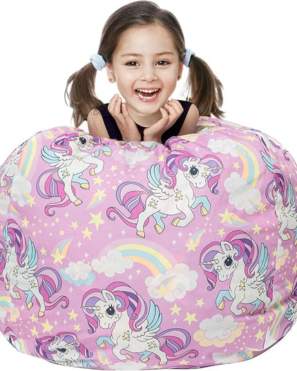 Stuffed Animal Storage Bean Bag Chair Cover, Hold Kids Plush Toys Blankets Towels Beanbag (Cover Only), Canvas Floor Circle Stuff Sit Seat Sofa with YKK Zipper, Extra Large 38", Unicorn - LeafyLoom