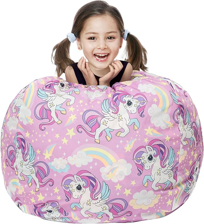 Stuffed Animal Storage Bean Bag Chair Cover, Hold Kids Plush Toys Blankets Towels Beanbag (Cover Only), Canvas Floor Circle Stuff Sit Seat Sofa with YKK Zipper, Extra Large 38", Unicorn - LeafyLoom
