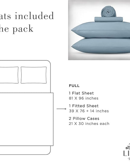 Linen Home Washed Cotton Percale Full Sheet Set, Baby Blue, Deep Pocket, 4 Pieces Bed Sheets - 1 Flat Sheet, 1 Fitted Sheet & 2 Envelope Closure Pillowcases, Vintage Wash, Cool Preshrunk Bedsheet - LeafyLoom