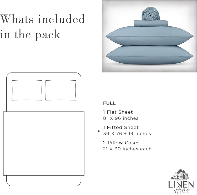 Linen Home Washed Cotton Percale Full Sheet Set, Baby Blue, Deep Pocket, 4 Pieces Bed Sheets - 1 Flat Sheet, 1 Fitted Sheet & 2 Envelope Closure Pillowcases, Vintage Wash, Cool Preshrunk Bedsheet - LeafyLoom