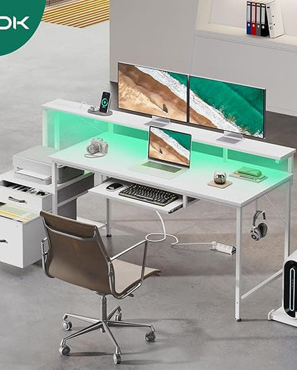 AODK 63 Inch Computer Desk with Power Outlet and LED Light, Reversible Office Desk with File Cabinet and Drawer, Gaming Desk with Keyboard Tray, Study Table with Full Monitor Riser and PC Stand, White - LeafyLoom