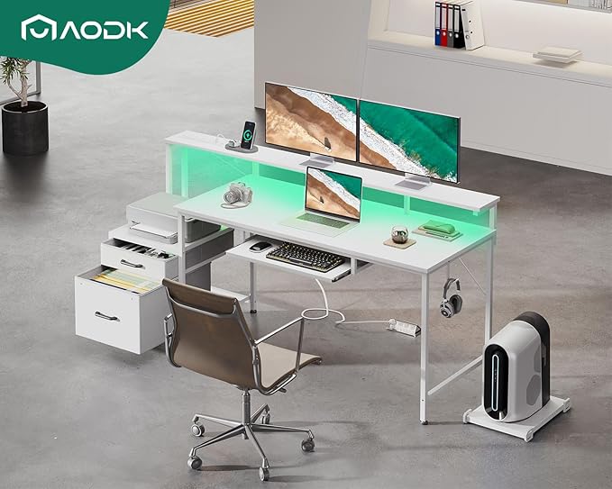 AODK 63 Inch Computer Desk with Power Outlet and LED Light, Reversible Office Desk with File Cabinet and Drawer, Gaming Desk with Keyboard Tray, Study Table with Full Monitor Riser and PC Stand, White - LeafyLoom