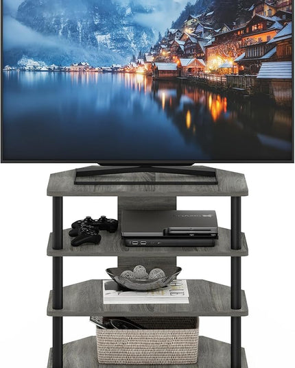 Furinno Turn-N-Tube Easy Assembly 4-Tier Petite Entertainment Center / TV Stand / TV Unit / TV Desk, French Oak Grey/Black - LeafyLoom