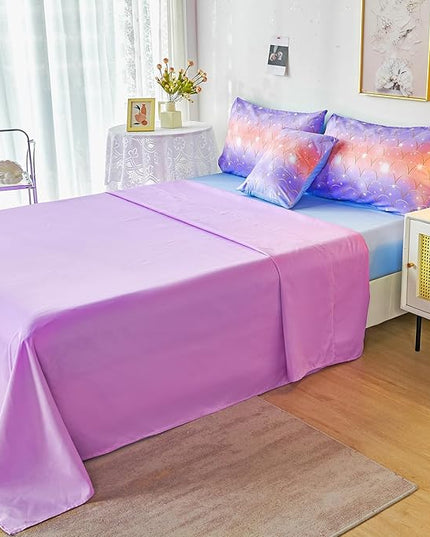 PERFEMET Mermaid Scales Queen Comforter Set 6 Pieces Purple Orange Comforter for Queen Size Bed Teen Girls Glitter Bedding Set Rainbow Tie Dye Bed in A Bag - LeafyLoom