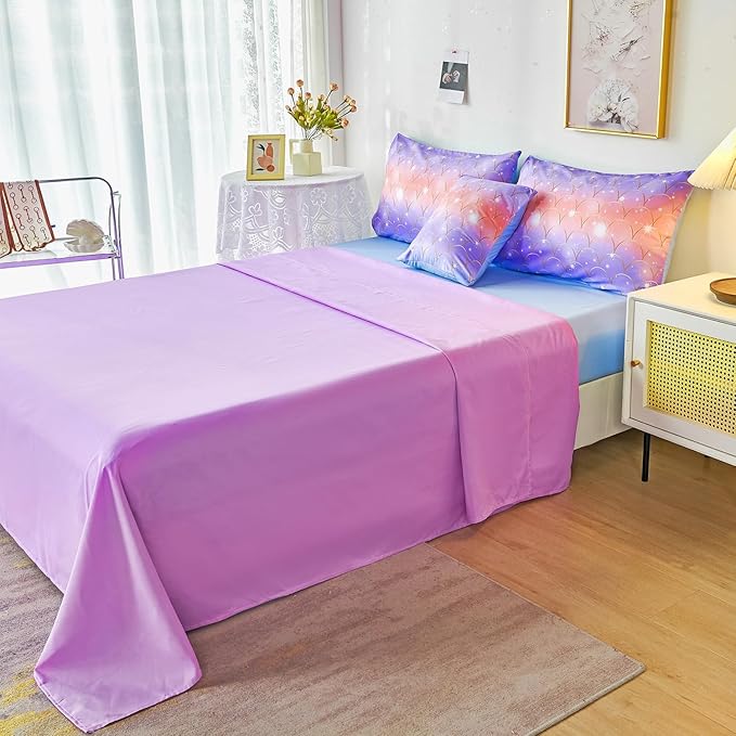 PERFEMET Full Size Mermaid Comforter Sets 6 Pieces Purple Ombre Girls Bedding Sets Tie Dye Rainbow Glitter Bed in A Bag for Kids Teens Girls Women - LeafyLoom