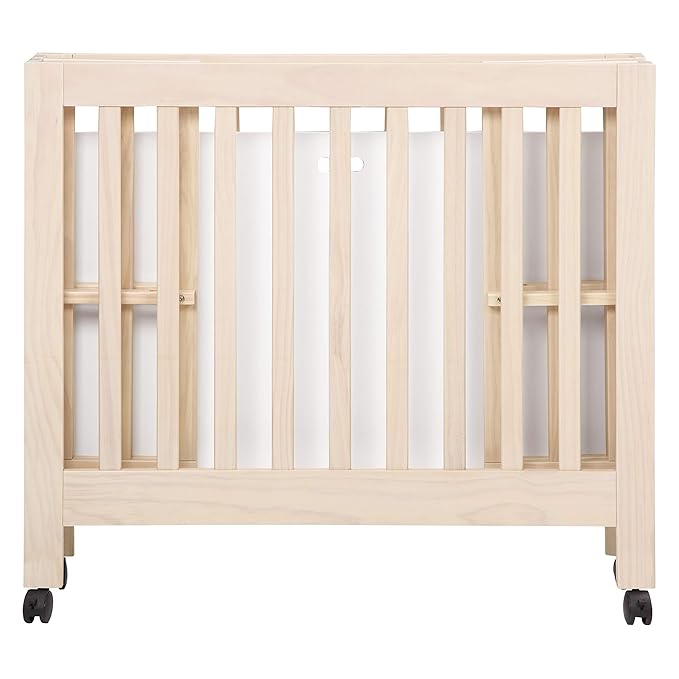 Babyletto Origami Mini Portable Crib Folding with Wheels in Washed Natural, 2 Adjustable Mattress Positions, Greenguard Gold Certified - LeafyLoom