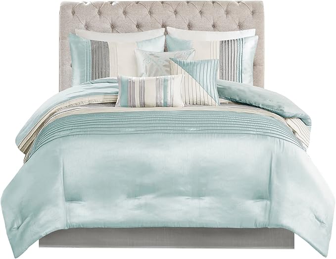 Madison Park Amherst Faux Silk Comforter Set-Casual Contemporary Design All Season Down Alternative Bedding, Matching Shams, Bedskirt, Decorative Pillows, Queen(90"x90"), Aqua, 7 Piece, MP10-2979 - LeafyLoom