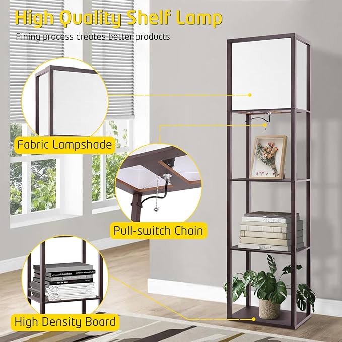 Floor Lamp with Shelves Plus, 4-Tier Modern Shelf Floor Lamp with 2700 4000K 5000K Color Selectable, Display Lamp for Living Room Bedroom Office, 15W LED Bulb(Walnut). - LeafyLoom