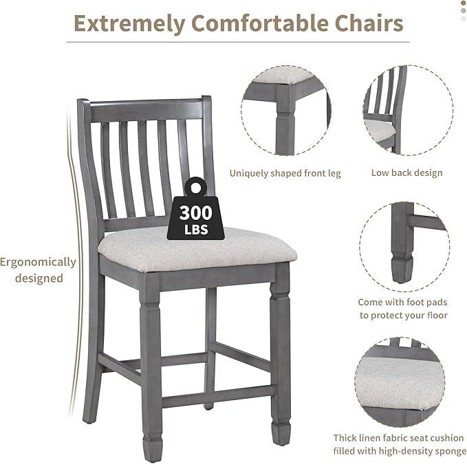 5-Piece Counter Height Round Set in 2 Table Sizes with 4 Folding Leaves and Upholstered Chairs for Dining Room (Gray+Beige Cushion), 38"~54" L x 38"~54" W x 36.2" H - LeafyLoom