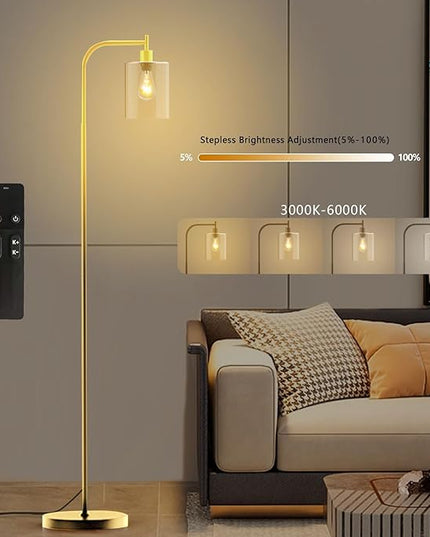 PAZZO LED Floor Lamp, Industrial Standing Lamp with Glass Lampshade, Ideal for Living Room, Bedroom, and Office,Gold(includes Remote Control) - LeafyLoom