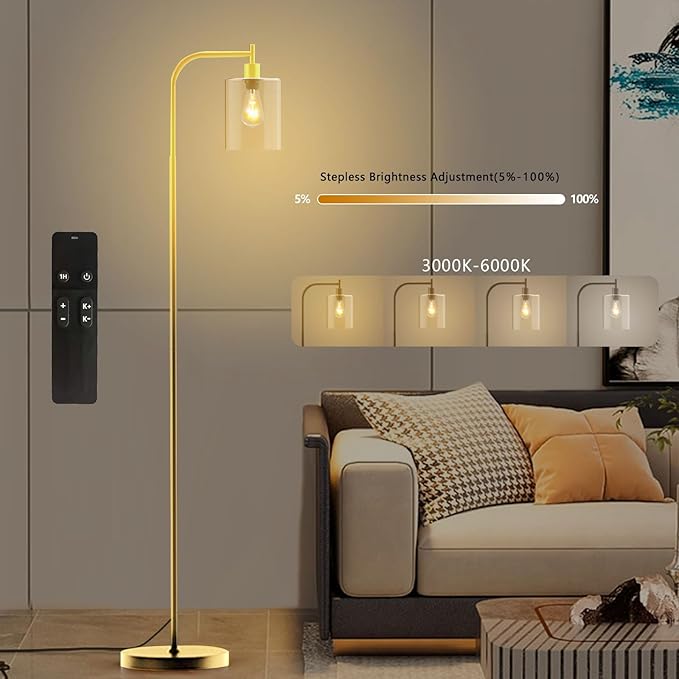 PAZZO LED Floor Lamp, Industrial Standing Lamp with Glass Lampshade, Ideal for Living Room, Bedroom, and Office,Gold(includes Remote Control) - LeafyLoom
