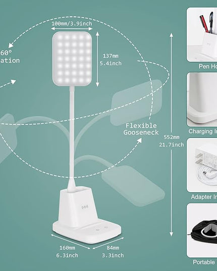 LED Desk Lamp with Wireless Charger, Sailstar White Desk Light with Pen Holder, 3 Color Modes with Stepless Dimming, CRI 85, 800 Lumen, Study Lamps for College Dorm Room, Home Office, Adapter Included - LeafyLoom
