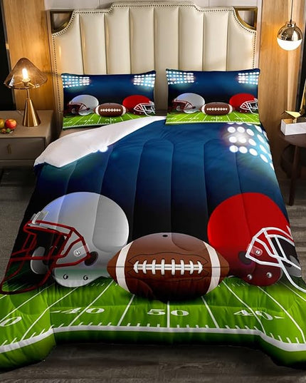 American Football Comforter Set King,Boys Ball Games Sports Bedding Set Football Helmet Field Down Comforter For Kids Teens Sport Theme Bedroom,Soft Microfiber Quilt Duvet Sets With 2 Pillow Cases - LeafyLoom