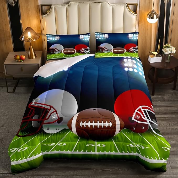 American Football Comforter Set King,Boys Ball Games Sports Bedding Set Football Helmet Field Down Comforter For Kids Teens Sport Theme Bedroom,Soft Microfiber Quilt Duvet Sets With 2 Pillow Cases - LeafyLoom