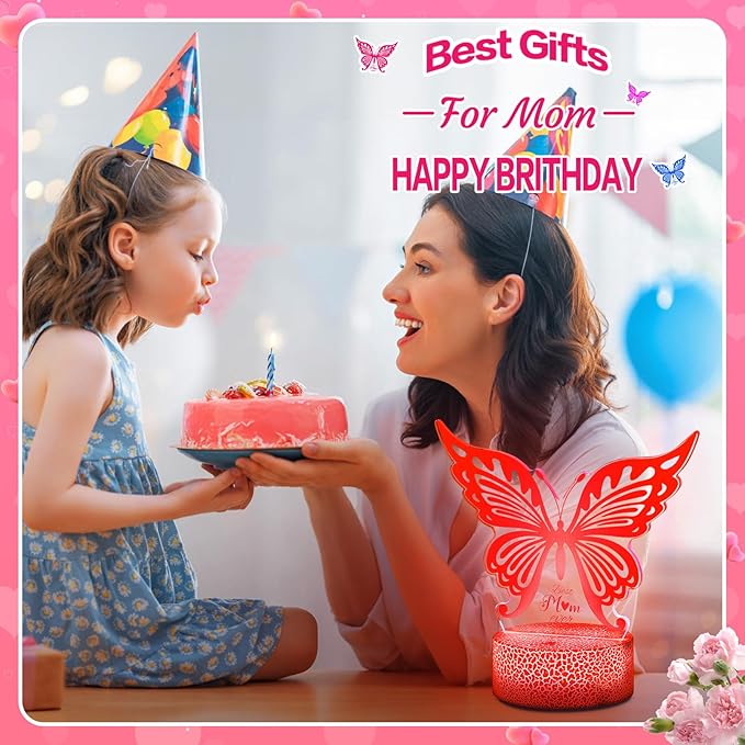 Linkax Mom Birthday Gifts, 7 Colors Changing Butterfly Gifts for Mom from Daughter Son, Mom Gifts Room Decorative Night Light, Thanksgiving Mothers Day Birthday Gifts for Mom, Best Mom Ever Gifts - LeafyLoom