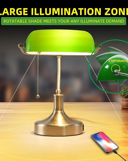 Banker Desk Lamp Green Glass, Antique Desk Lamps with Brass Base, Traditional Library Table Lamp with USB A and Type C Charging Port for Office, Study Room, Pull Chain Switch - LeafyLoom
