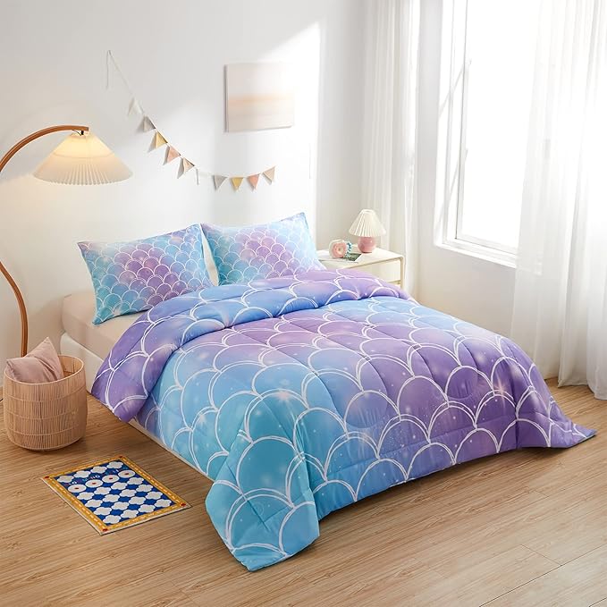 beeweed 3 Piece Kid Comforter Set Queen Size, Colorful Scale Bedding Set for Teen Boys Girls - LeafyLoom