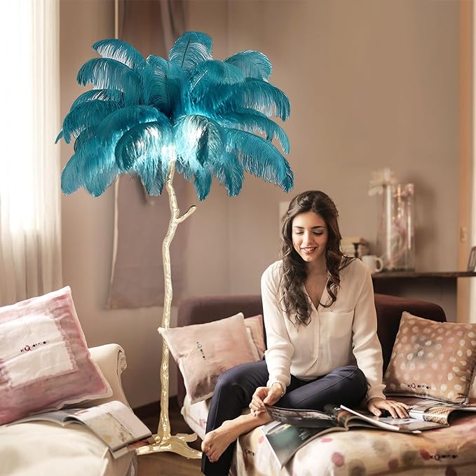Ostrich Feather Floor Lamp, Modern LED Dimmable Standing Lamp, Romantic Princess Bedroom Reading Lamp, Tall Corner Lamp for Living Room, Dining Room and Office (Dark Green) - LeafyLoom