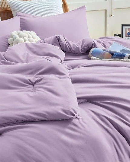 CozyLux Lavender Purple Comforter Set Queen Size, 3 Pieces Solid Breathable Quilted Boho Style Bedding Sets, Luxury Fluffy Soft Microfiber Comforter for All Season(1 Comforter & 2 Pillowcases) - LeafyLoom