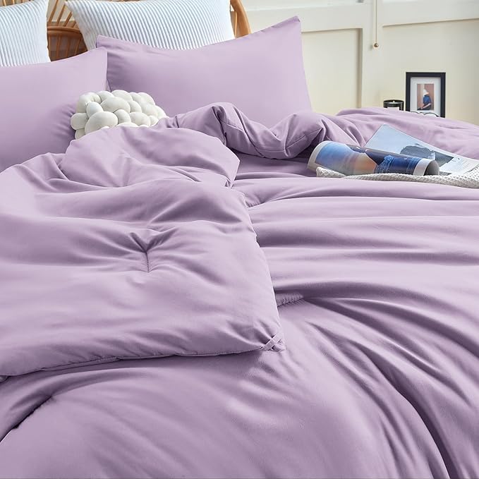 CozyLux Lavender Purple Comforter Set Full Size, 3 Pieces Solid Breathable Quilted Boho Style Bedding Sets, Luxury Fluffy Soft Microfiber Comforter for All Season(1 Comforter & 2 Pillowcases) - LeafyLoom