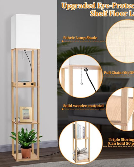 Dott Arts Floor Lamp with Shelves, Shelf Lamp with Wireless Charger & USB A+C Ports & 2 AC Outlets,3 Color Temperature Corner Tall Standing Floor Lamps for Living Room, Bedroom, Office (Burlywood) - LeafyLoom