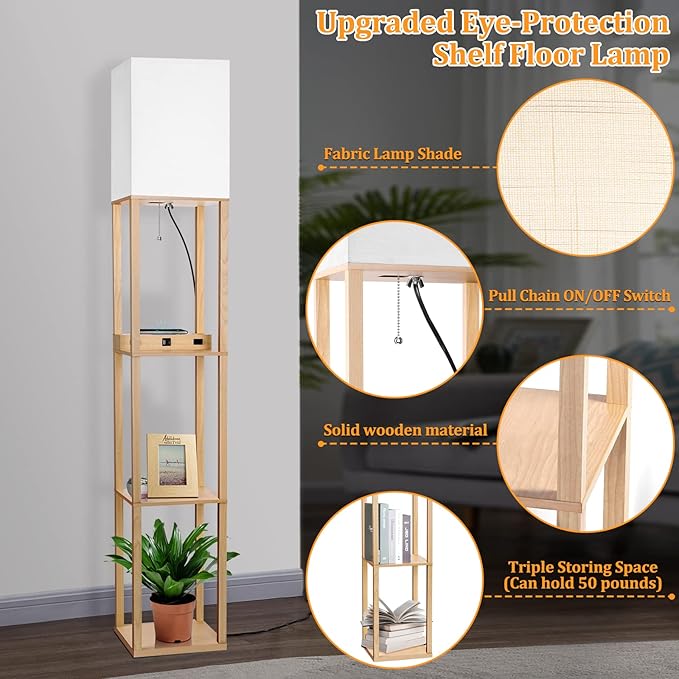 Dott Arts Floor Lamp with Shelves, Shelf Lamp with Wireless Charger & USB A+C Ports & 2 AC Outlets,3 Color Temperature Corner Tall Standing Floor Lamps for Living Room, Bedroom, Office (Burlywood) - LeafyLoom