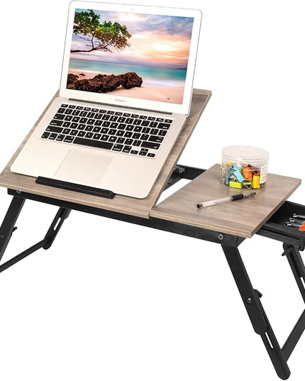 Bamboo Laptop Desk Bed Tray Table Adjustable Table for Computer Tilting Top Foldable Leg with Drawer - LeafyLoom