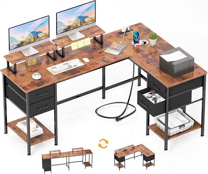 L Shaped Computer Desk with Power Outlets, 59 inch Reversible Home Office Desk with Storage Shelves & 2 Monitor Stands, Gaming Desk with 4 Fabric Drawers for Bedroom, Rustic Brown - LeafyLoom