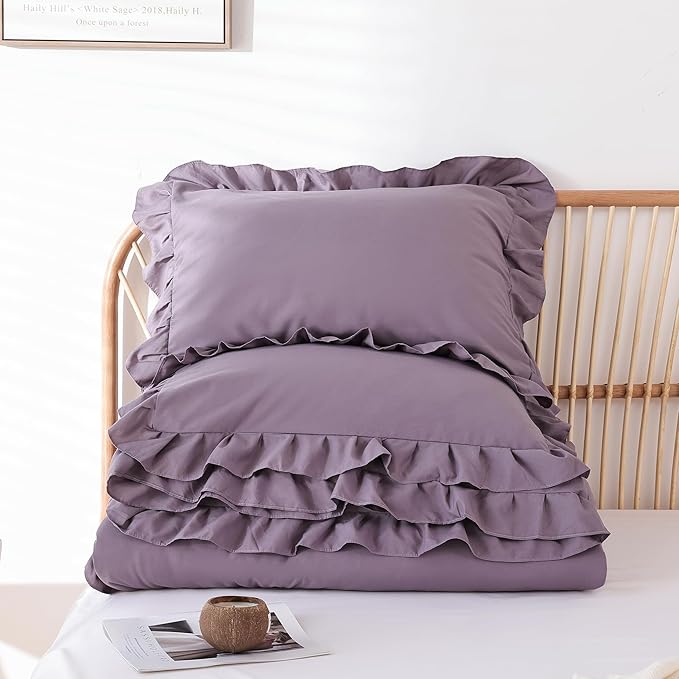 JANZAA Comforter Set Full Size Grayish Purple Ruffle Comforter 3PCS Soft Fluffy Comforter Vintage Farmhouse Bed Comforter Set Shabby Chic Bedding with 2 Pillowcases - LeafyLoom
