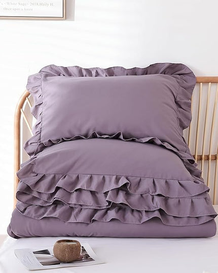 JANZAA King Size Comforter Set Grayish Purple Ruffle Comforter 3PCS Soft Fluffy Boho Comforter Vintage Farmhouse Bed Comforter Set Shabby Chic Bedding with 2 Pillowcases for All Season - LeafyLoom