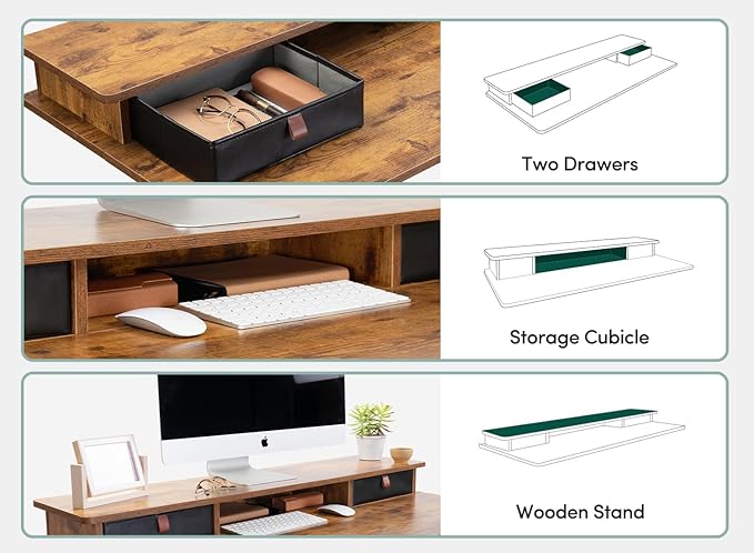 FEZIBO 55 x 24 Inch Height Adjustable Electric Standing Desk with Double Drawer, Stand Up Desk with Storage Shelf, Sit Stand Desk, Rustic Brown - LeafyLoom