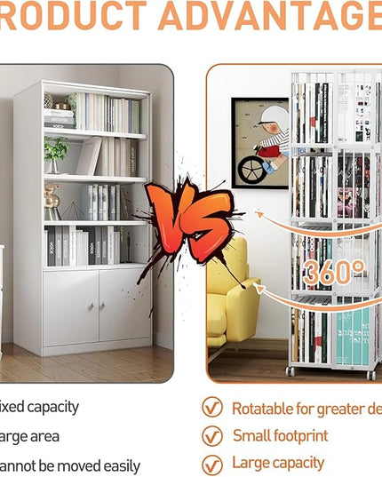 Rotating Bookcase White 4 Tiers Metal Bookshelf Large Capacity for Small Space with Storage and Creative Multi-Layer Shelves,Magazine&Books for Bedroom Living Room Study and Office - LeafyLoom