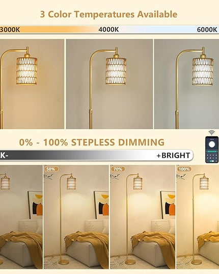Modern Gold Floor Lamps for Living Room, Boho Rattan Floor Lamp with Remote & Dimmable LED Bulb, Farmhouse Standing Lamp with Rattan Shades, Minimalist Tall Pole Lamp for Bedroom Office - LeafyLoom