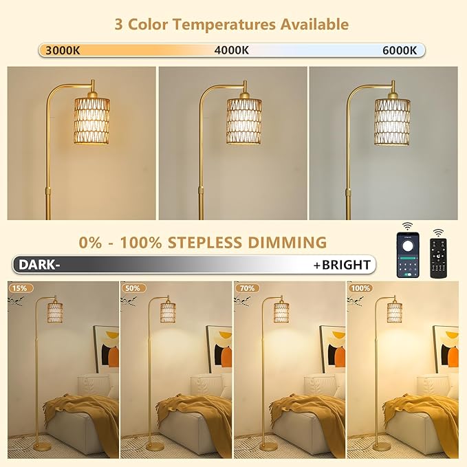 Modern Gold Floor Lamps for Living Room, Boho Rattan Floor Lamp with Remote & Dimmable LED Bulb, Farmhouse Standing Lamp with Rattan Shades, Minimalist Tall Pole Lamp for Bedroom Office - LeafyLoom