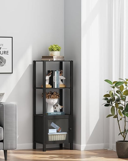 TUTOTAK 4 Tier Bookcase and Bookshelf, Narrow Book shelf with Door for Small Space, for Living Room, Office, Study, Entryway, Black BS03BK004 - LeafyLoom